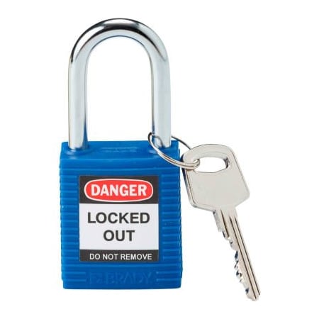 BradyÂ Safety Lockout Padlock W/ Label, 1-1/2, 1 Key, Plastic Covered Steel, Blue